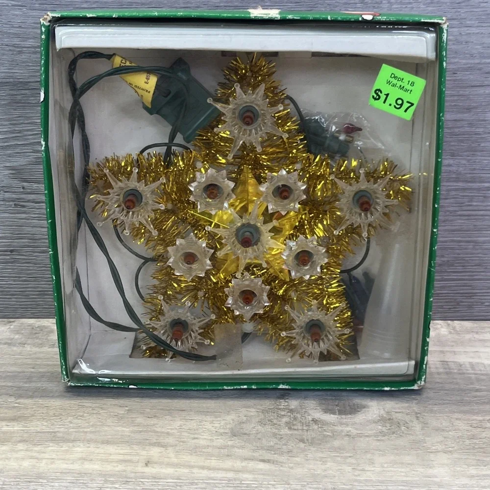 Christmas Trim 11 Light Star Tree Top Gold Tinsel Single Flashing Lights Vintage